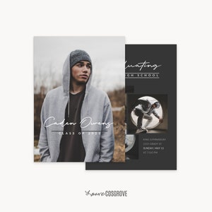 May include: Graduation announcement with a black and white photo of a young man wearing a grey hoodie and a black beanie. The text reads "Graduating High School", "Caden Owens", "Class of 2023", "King Gymnasium", "1215 Grady St", "Sunday, May 15", "At 7:00 PM", and "Lauric Cosgrove".