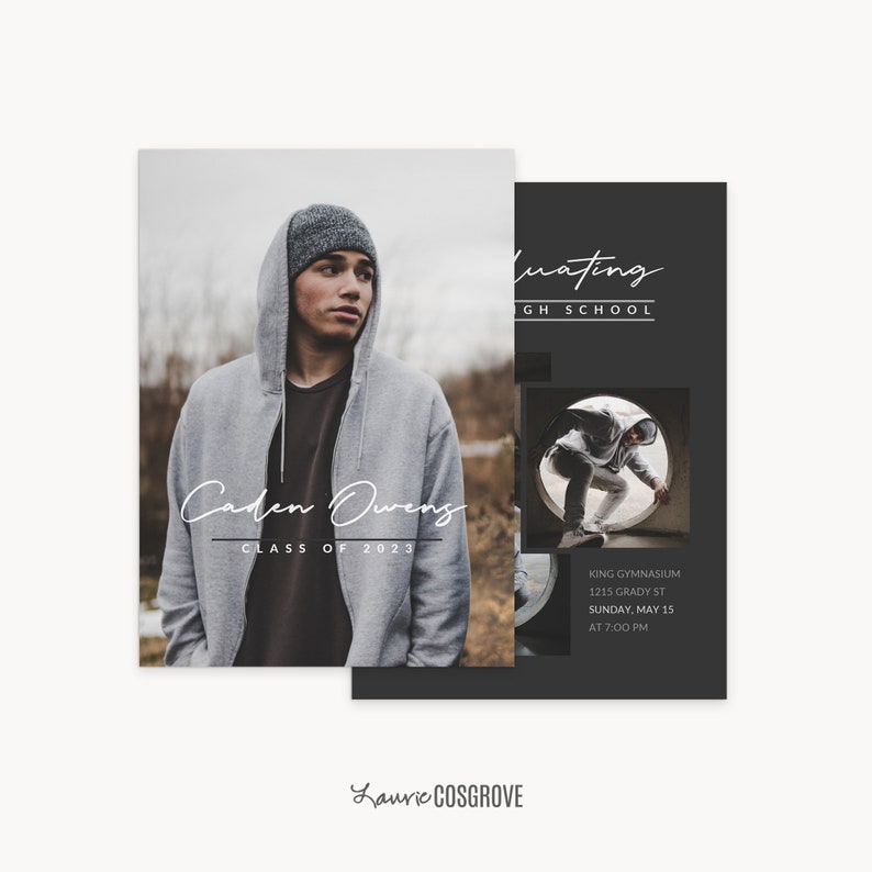 May include: Graduation announcement with a black and white photo of a young man wearing a grey hoodie and a black beanie. The text reads "Graduating High School", "Caden Owens", "Class of 2023", "King Gymnasium", "1215 Grady St", "Sunday, May 15", "At 7:00 PM", and "Lauric Cosgrove".