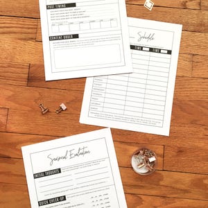 May include: A black and white printable worksheet with the title "Blog System" and "Seasonal Evaluation". The worksheet includes sections for planning blog post timing, content order, and a schedule. It also includes a section for evaluating the blog's performance.