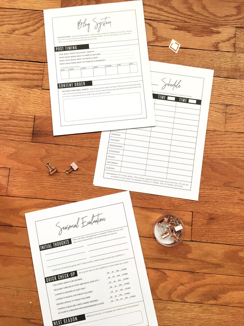 May include: A black and white printable worksheet with the title "Blog System" and "Seasonal Evaluation". The worksheet includes sections for planning blog post timing, content order, and a schedule. It also includes a section for evaluating the blog's performance.