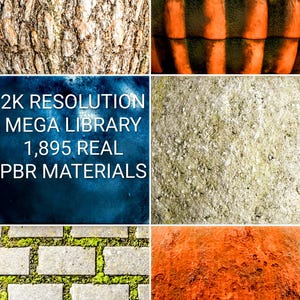 May include: A collection of textures and materials. It features close-ups of tree bark, a pumpkin, concrete, brick pavers with moss, and a weathered surface. The image also includes the text: "2K RESOLUTION MEGA LIBRARY 1,895 REAL PBR MATERIALS."