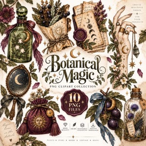 以下が含まれることがあります： Botanical Magicと題されたデジタルクリップアートコレクション。花が入ったガラス瓶、ブーケ、タロットカード、クリスタルを持つ手、手鏡、巾着袋、ドライフラワーが入った瓶、そしてテキストが描かれたイラストセット。