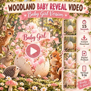 Pode incluir: Um modelo de vídeo digital de revelação de bebé menina com tema de floresta, apresentando um ovo rachado com flores cor-de-rosa, rodeado por um cervo, coelho, ouriço, raposa e esquilo. Inclui o texto: WOODLAND BABY REVEAL VIDEO, Baby Girl.