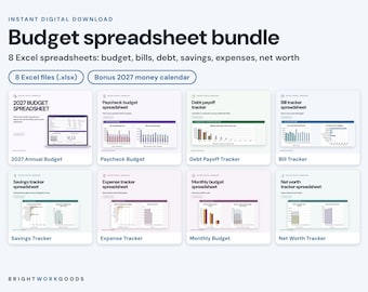 May include: A digital budget spreadsheet bundle featuring 8 Excel files including a 2027 budget, paycheck budget, debt payoff tracker, bill tracker, savings tracker, expense tracker, monthly budget, net worth tracker, and a 2027 money calendar.