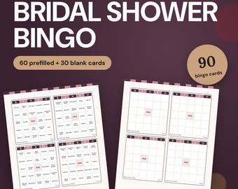 May include: A printable bridal shower bingo game set featuring 90 cards total, including 60 prefilled and 30 blank cards. The dark purple background displays white text reading Printable Gift Bingo Bridal Shower Bingo.