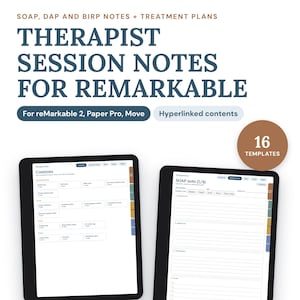 May include: Digital therapist session notes for reMarkable 2, Paper Pro, and Move tablets. Includes 16 hyperlinked templates for SOAP, DAP, and BIRP notes plus treatment plans. The display shows a contents page and a SOAP note template.