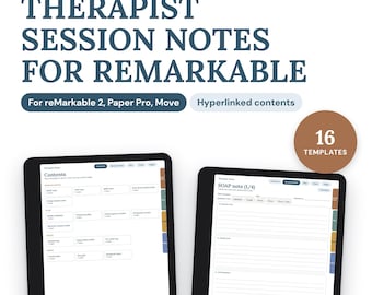May include: Digital therapist session notes for reMarkable 2, Paper Pro, and Move tablets. Includes 16 hyperlinked templates for SOAP, DAP, and BIRP notes plus treatment plans. The display shows a contents page and a SOAP note template.