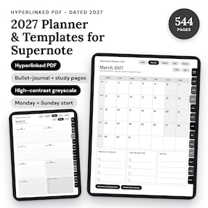 Supernote Template 2027 | Hyperlinked PDF Planner | Bullet Journal, Study & Project Pages | E-ink Planner