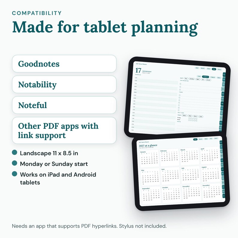 05_compatibility.png: Compatible apps (Goodnotes, Notability, Noteful) and tablet page size.