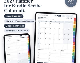 May include: A 2027 digital planner for Kindle Scribe Colorsoft featuring 537 pages, hyperlinked PDF functionality, 12 work and life notebook pages, and color-coded month tabs. The display shows a monthly calendar for March 2027 and a weekly view.