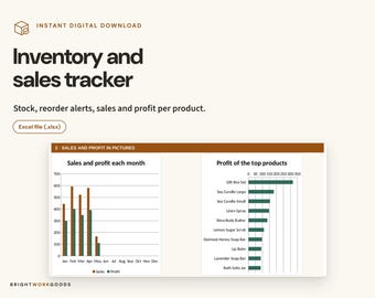 May include: An inventory and sales tracker digital file in Excel format. The document features a bar chart titled Sales and profit each month and a horizontal bar chart titled Profit of the top products, displaying data for various items.