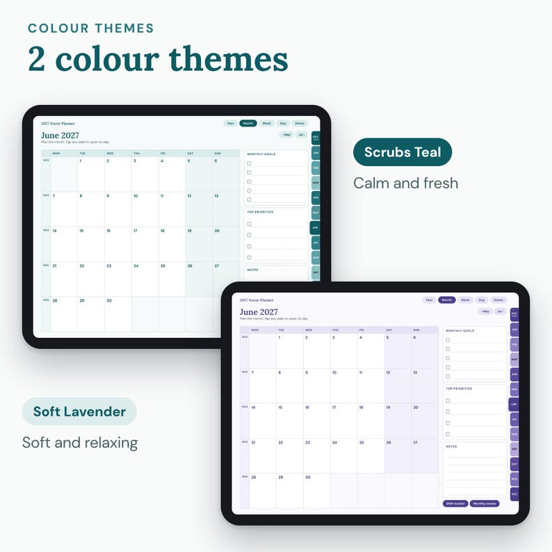 09_color_themes.png: The same month page in Scrubs Teal and Soft Lavender.