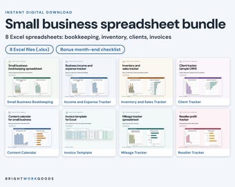 May include: A digital small business spreadsheet bundle featuring eight Excel files including bookkeeping, income and expense, inventory, client, content, invoice, mileage, and reseller profit trackers with charts and a month-end checklist.