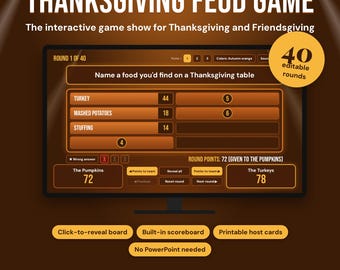 May include: A Thanksgiving Feud game display on a screen with the text "Name a food you'd find on a Thanksgiving table" and scores for Turkey, Mashed Potatoes, and Stuffing. Includes a 40 editable rounds badge and buttons for game control.