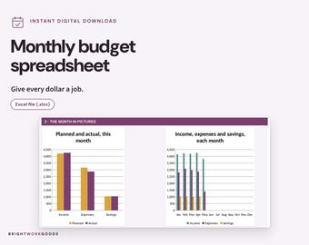 May include: A monthly budget spreadsheet digital download featuring the text Monthly budget spreadsheet, Give every dollar a job, and Excel file (.xlsx). It displays charts titled The Month in Pictures with bar graphs for income, expenses, and savings.