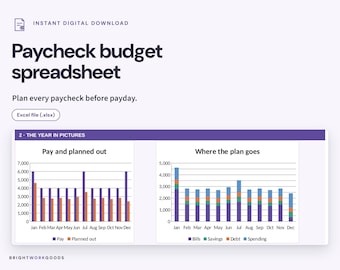 May include: A digital paycheck budget spreadsheet template in an Excel file format. The interface displays a section titled 2. THE YEAR IN PICTURES with two bar charts comparing pay versus planned out expenses and a breakdown of bills, savings, debt, and spending.