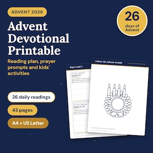 May include: A 43-page Advent 2026 devotional printable set in A4 and US Letter sizes. The document includes 26 daily readings, prayer prompts, and kids' activities, featuring a coloring page of an Advent wreath with four candles.