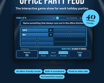May include: A digital game show interface titled OFFICE PARTY FEUD, The interactive game show for work holiday parties. The screen displays a round with the question Name something that always runs out in the office kitchen, showing scores for Coffee and Milk, with a 40 editable rounds badge.