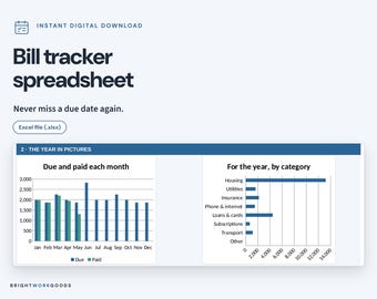 May include: A digital bill tracker spreadsheet in an Excel file format. The interface displays a bar chart titled Due and paid each month and a horizontal bar chart titled For the year, by category, showing financial data for the year.