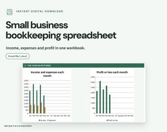 May include: A small business bookkeeping spreadsheet digital download in Excel format. The graphic displays two charts titled Income and expenses each month and Profit or loss each month, showing monthly financial data with green and tan bars.