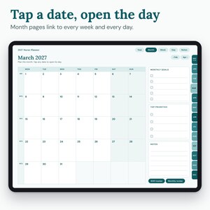 03_closeup_month.png: Close-up of the March 2027 month page with tappable dates and right-edge month tabs.