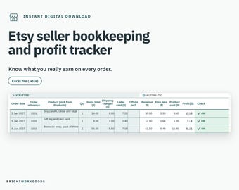 May include: A digital bookkeeping and profit tracker spreadsheet for Etsy sellers. The document features columns for order date, reference, product, quantity, totals, shipping, costs, revenue, fees, and profit. Text includes Etsy seller bookkeeping and profit tracker, Excel file (.xlsx), and Brightworkgoods.