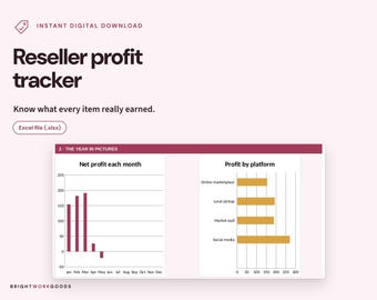 May include: A digital reseller profit tracker spreadsheet template featuring a bar chart for net profit each month and a horizontal bar chart for profit by platform, with the text "Reseller profit tracker" and "Know what every item really earned."