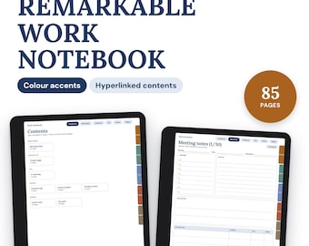 May include: An undated, hyperlinked digital work notebook with 85 pages. The display shows a contents page and a meeting notes template with organized sections, checkboxes, and colored side tabs on two black tablet screens.