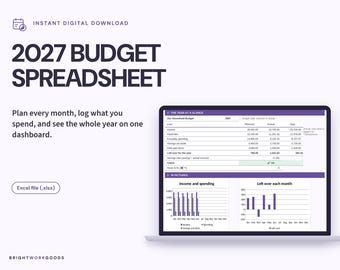May include: A 2027 budget spreadsheet displayed on a laptop screen, featuring a dashboard with a year-at-a-glance table, income and spending bar charts, and a monthly savings graph. The interface uses purple headers and white backgrounds.