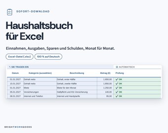 Haushaltsbuch Excel Vorlage | Monatsbudget und Jahresübersicht, Sparziele, Fixkosten | Deutsch