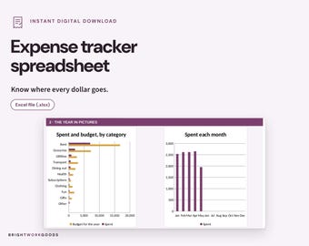 May include: An expense tracker spreadsheet digital download featuring the text Expense tracker spreadsheet and Know where every dollar goes. It includes an Excel file (.xlsx) label and a chart titled The Year in Pictures with data.