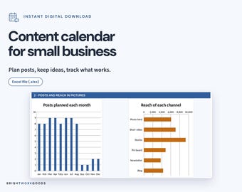 May include: A digital content calendar for small business in an Excel file format. The graphic displays a blue bar chart titled Posts planned each month and an orange bar chart titled Reach of each channel, with text headers and labels.