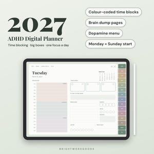 Könnte beinhalten: Ein digitaler ADHD-Planer für 2027 auf einem Tablet mit Eingabestift. Der Bildschirm zeigt einen Tagesplan mit Zeitblöcken, Brain-Dump-Bereichen und Stimmungstrackern. Text: Colour-coded time blocks, Brain dump pages, Dopamine menu, Monday + Sunday start, 2027 ADHD Digital Planner, Time blocking, big boxes, one focus a day.