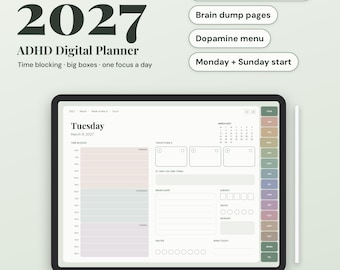May include: A 2027 ADHD digital planner displayed on a tablet with a stylus. The screen shows a daily schedule with time blocks, brain dump sections, and mood trackers. Text includes: Colour-coded time blocks, Brain dump pages, Dopamine menu, Monday + Sunday start, 2027 ADHD Digital Planner, Time blocking, big boxes, one focus a day.