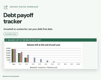 May include: A digital debt payoff tracker Excel file featuring a bar chart titled Balance left at the end of each year. The chart compares Snowball, Avalanche, and Minimums only payment methods over ten years with text labels.