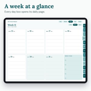 06_weekly_pages.png: Weekly page with seven day boxes and a weekly focus checklist.