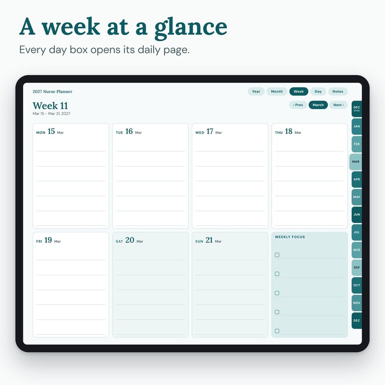 06_weekly_pages.png: Weekly page with seven day boxes and a weekly focus checklist.