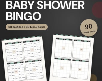 May include: Printable baby shower bingo game set featuring 60 prefilled cards and 30 blank cards. The dark background displays the text "PRINTABLE GIFT BINGO" and "BABY SHOWER BINGO" in white, with two pages showing grid layouts.