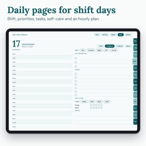 07_daily_pages.png: Daily page with shift selector, priorities, tasks, self-care ticks, ratings and an hourly plan.