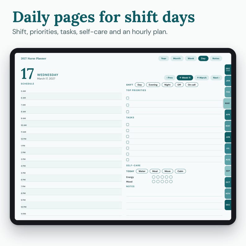 07_daily_pages.png: Daily page with shift selector, priorities, tasks, self-care ticks, ratings and an hourly plan.