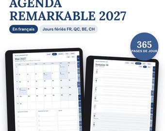 Agenda reMarkable 2027 en français | Jours fériés France, Québec, Belgique, Suisse | Paper Pro et rM2