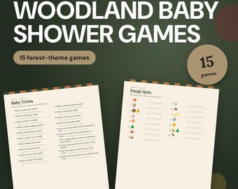 May include: Printable woodland baby shower games featuring 15 forest-theme games. Two white paper sheets are displayed, one titled Baby Trivia with 20 questions and the other titled Emoji Quiz with 15 lines for answers next to animal icons.