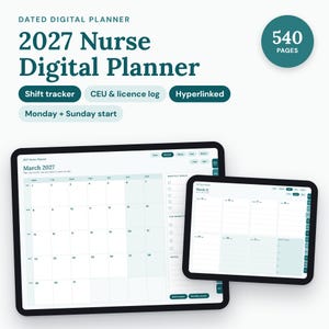 01_hero.png: Tablet showing a scrubs-teal 2027 nurse planner month page with the title "2027 Nurse Digital Planner".