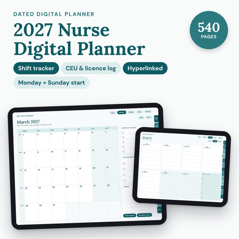 01_hero.png: Tablet showing a scrubs-teal 2027 nurse planner month page with the title "2027 Nurse Digital Planner".