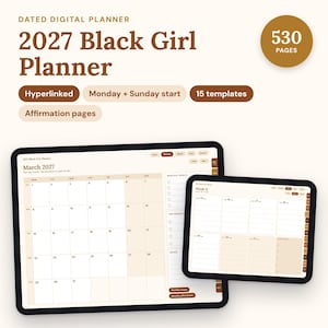 Könnte beinhalten: Ein digitaler Planer für 2027 auf zwei Tablet-Bildschirmen. Der größere Bildschirm zeigt einen Monatskalender für März 2027, während der kleinere eine Wochenansicht darstellt. Der Text umfasst Dated Digital Planner und 530 Pages.