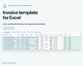 May include: An Excel invoice template digital download featuring auto-numbered invoices, tax, quotes, and receipts. The spreadsheet displays columns for issue date, client, tax, paid amounts, notes, invoice numbers, subtotals, and status.