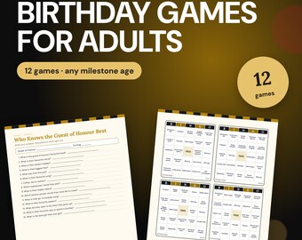 Födelsedagsfestspel för vuxna, 12 utskrivbara aktiviteter, frågesport, bingo, utmärkelser, valfri milstolpeålder