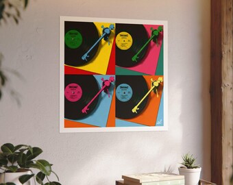 Impresión artística de tocadiscos de vinilo pop art ANALOG FOREVER sobre papel de acuarela