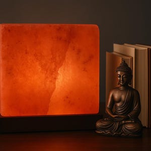 Puede incluir: Una lámpara de sal del Himalaya naranja brillante sobre una base de madera oscura. Una estatua de Buda de bronce y tres libros con páginas beige y lomos rojos están junto a la lámpara. Fondo oscuro.