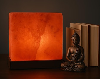Hand Carved Cube Himalayan Salt Lamp, Amber Glow, Wooden Base